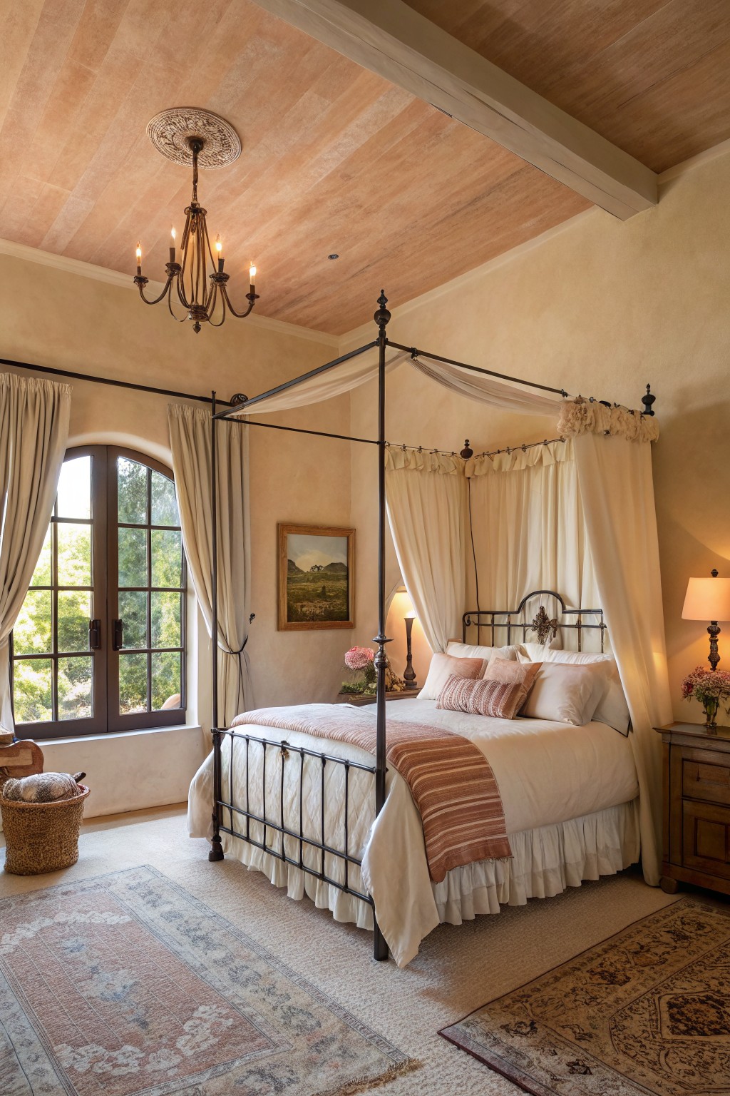 Cozy bedroom featuring warm beige plaster walls, a black iron canopy bed with pink bedding, and arched windows overlooking greenery