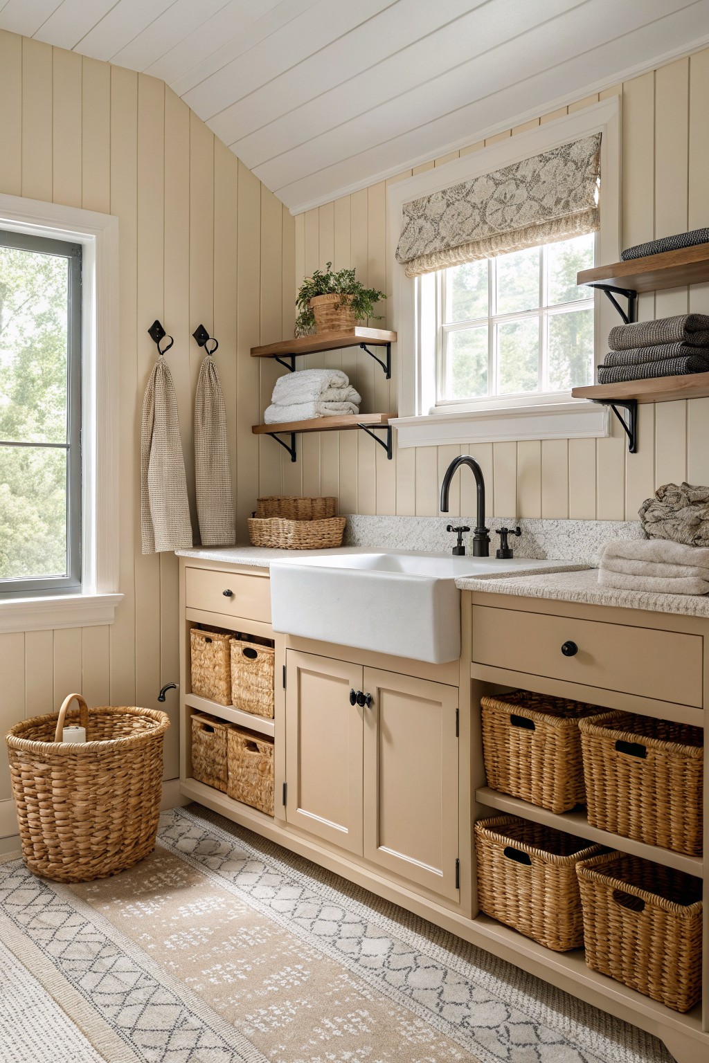 Cozy laundry room with warm cream paneled walls, white farmhouse sink, wood shelves stacked with towels and baskets, black faucet, window with floral curtains overlooking greenery