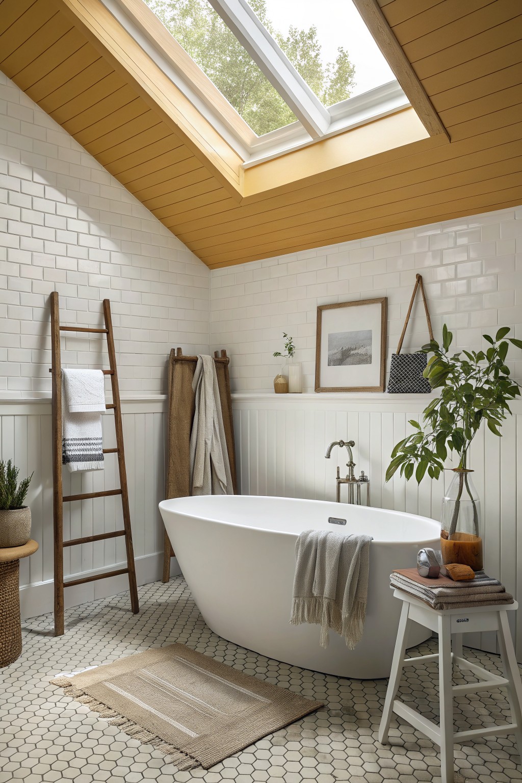 Cozy bathroom featuring a sloped mustard yellow ceiling with skylight, freestanding white tub draped in towels, white subway tile walls, wooden ladder towel rack, and woven rug on hex tile floor