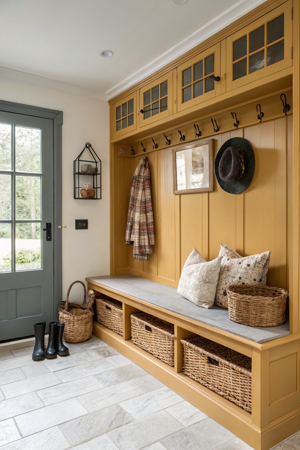 Cozy mudroom entry with warm mustard yellow paneled walls and built-in bench, wicker baskets, coats on hooks, rain boots, and pillows for a welcoming glow