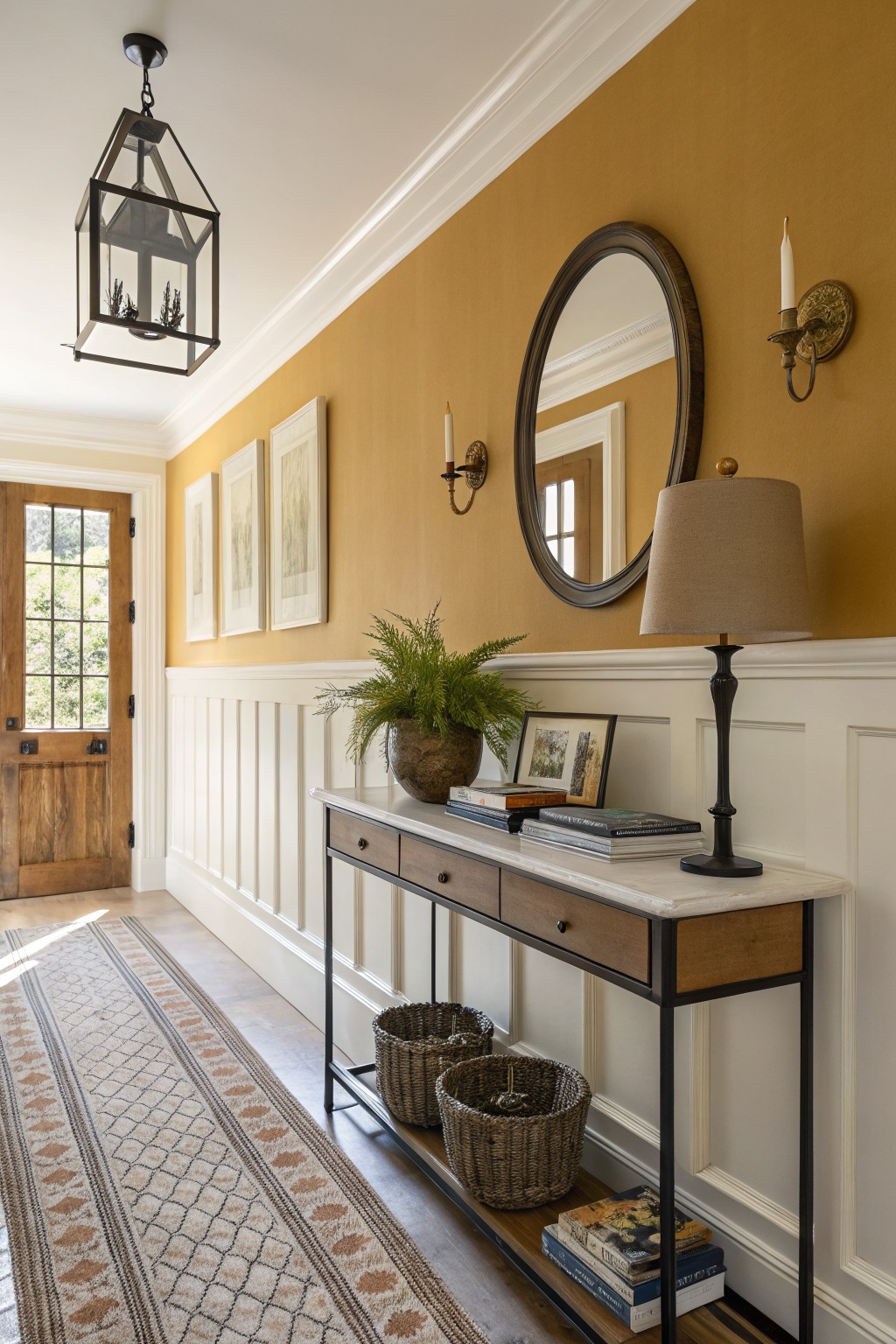 Cozy entry hallway featuring warm ochre walls with white wainscoting, a dark wood door, black metal console table topped with plants and books, and brass lighting fixtures.
