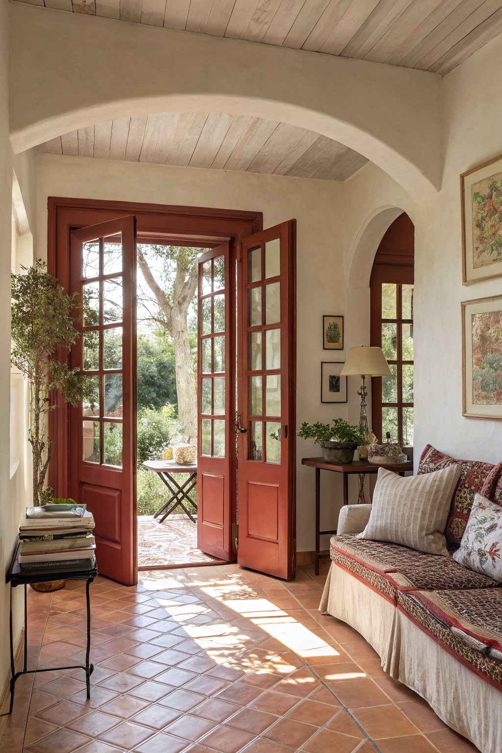 Sunlit Mediterranean-style entry with creamy white arched walls, open red French doors to lush garden, terracotta tile floor, small seating area with pillows and plants