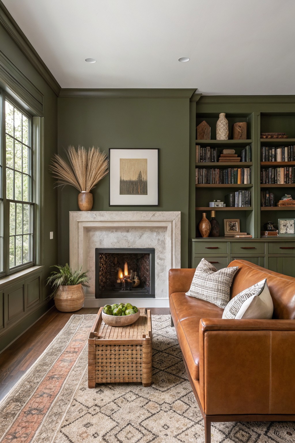 Cozy study with deep olive green walls, white fireplace, tan leather sofa, woven furniture, and plants
