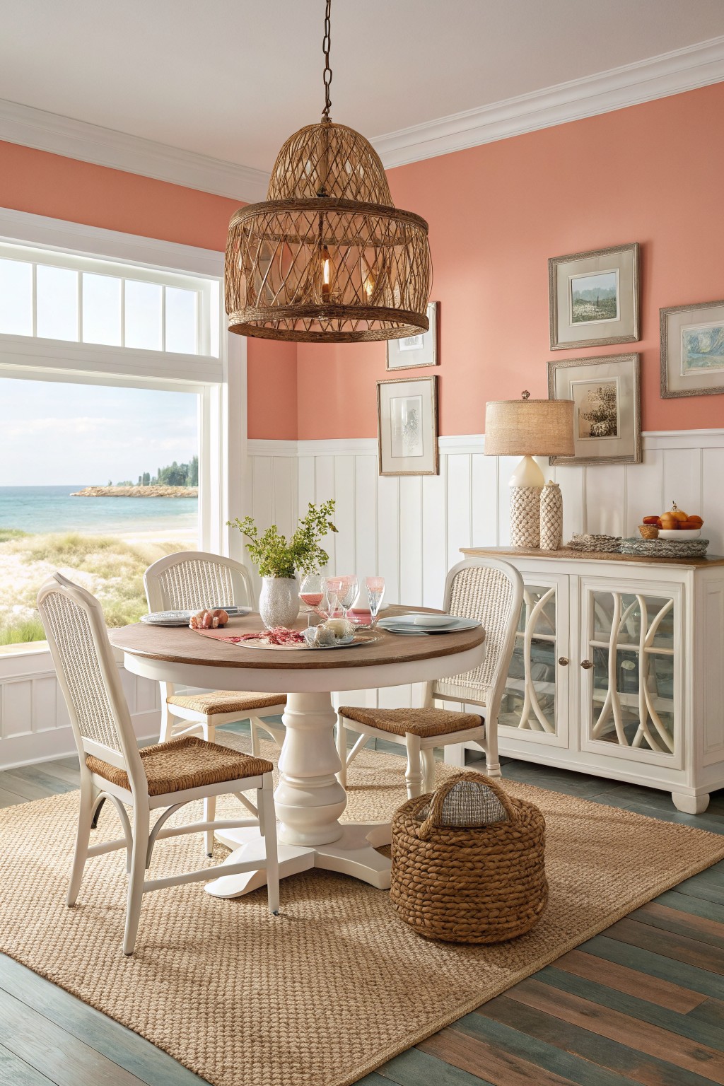 Dining room featuring warm peach upper walls above white wainscoting, round pedestal table with rattan chairs, woven pendant light, and ocean view through large window