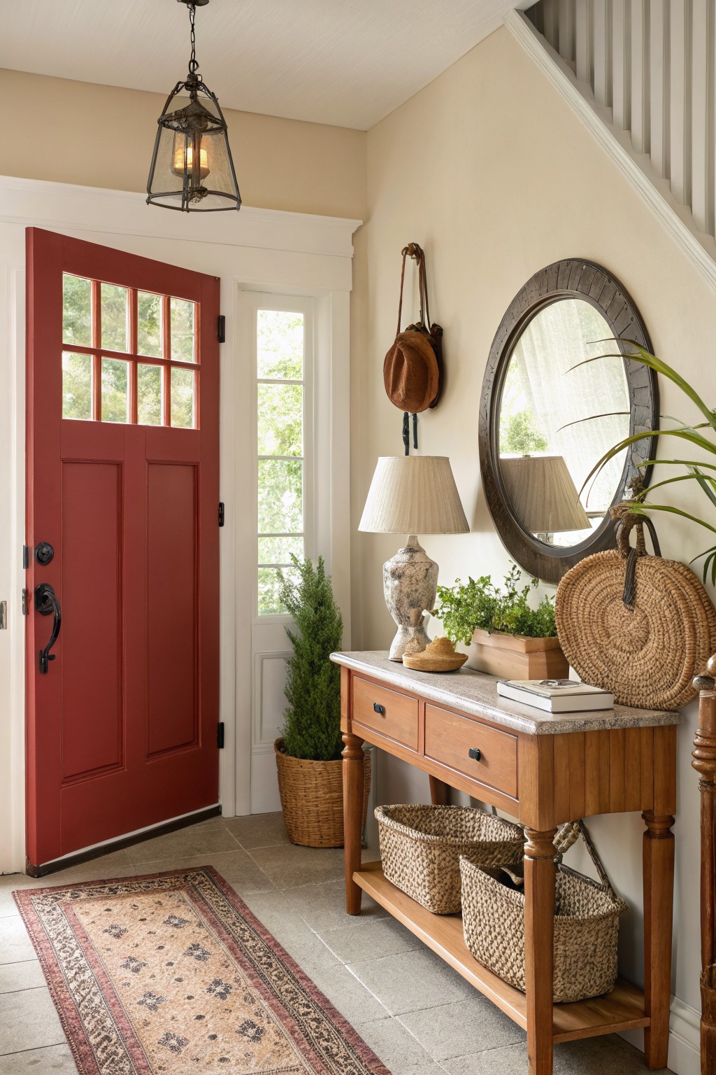 Warm red front door in a light beige entryway with wooden console table, plants, and woven accents