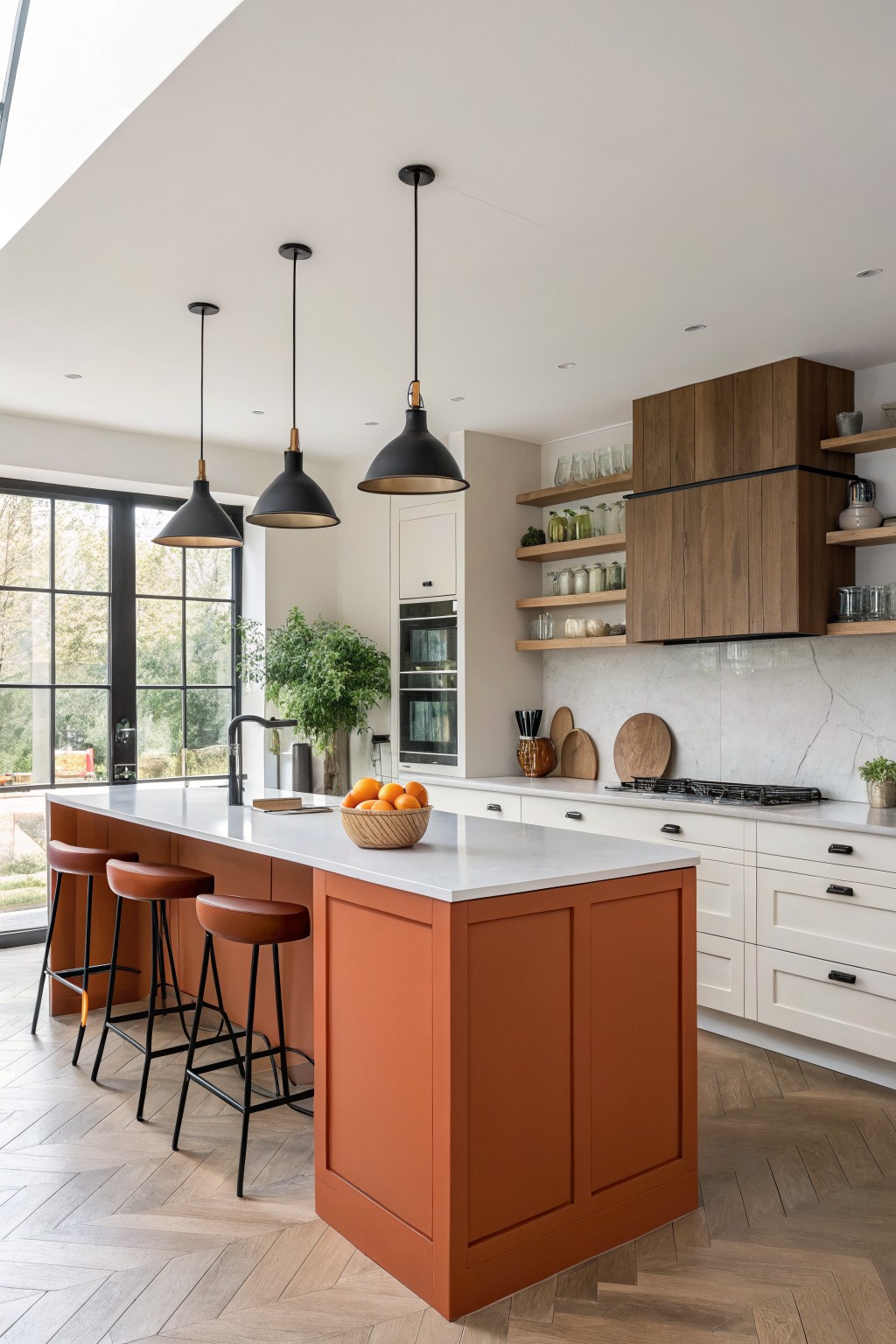Kitchen island painted in warm terracotta orange with white cabinets, wood shelves, and black pendant lights above a white marble countertop