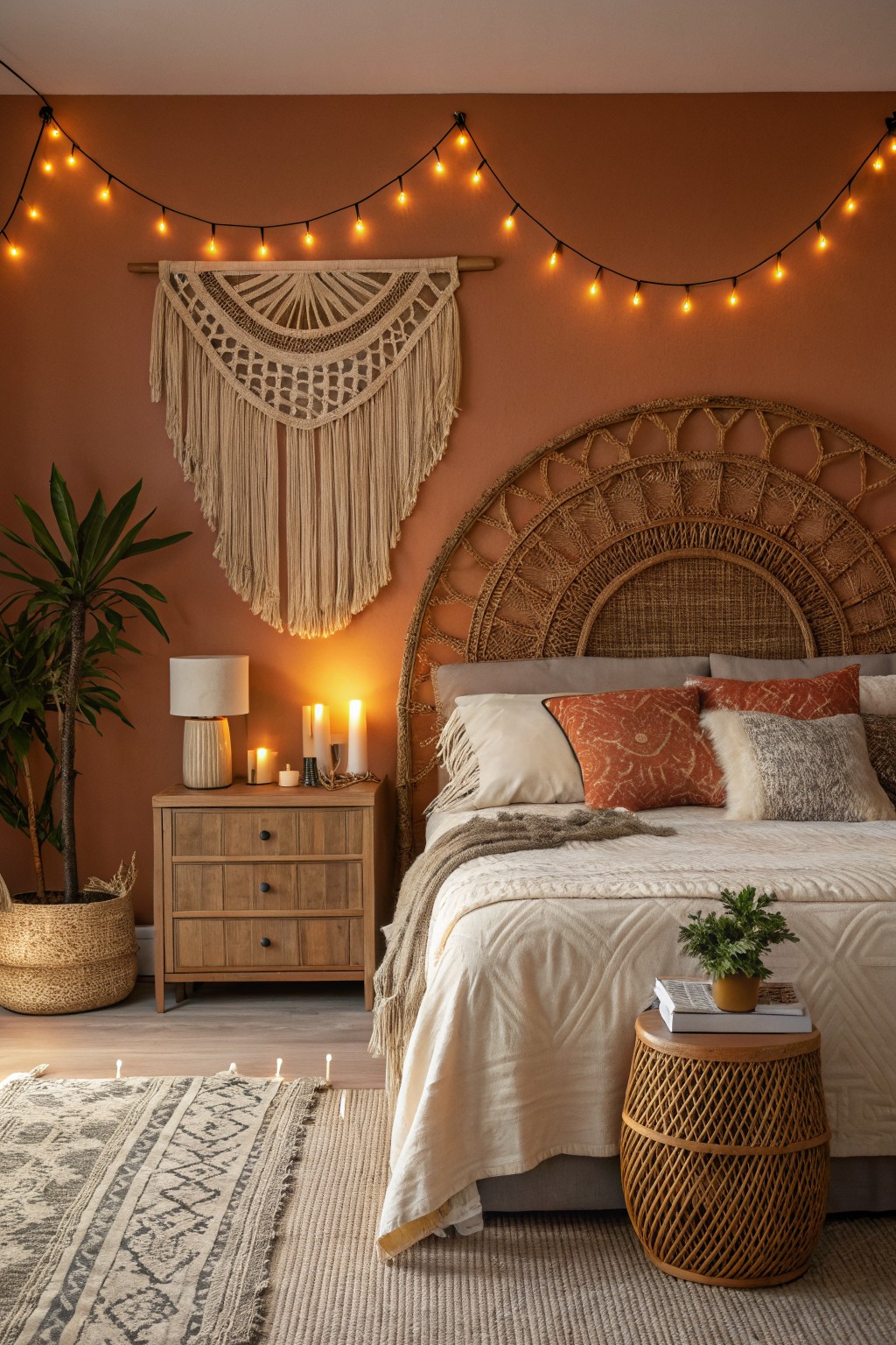 Bedroom interior with warm terracotta walls, rattan bed frame, woven wall hanging, plants, and soft lighting for a boho vibe