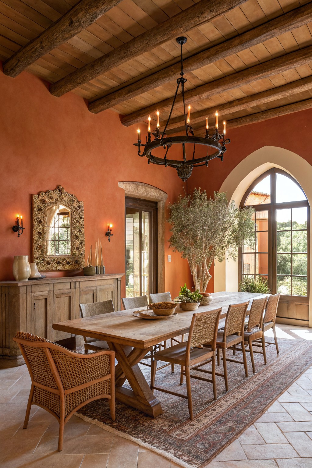 Dining room with warm terracotta plaster walls, wooden beamed ceiling, wrought iron chandelier, arched windows, rustic wooden table, rattan chairs, and Persian rug on terracotta tile floor