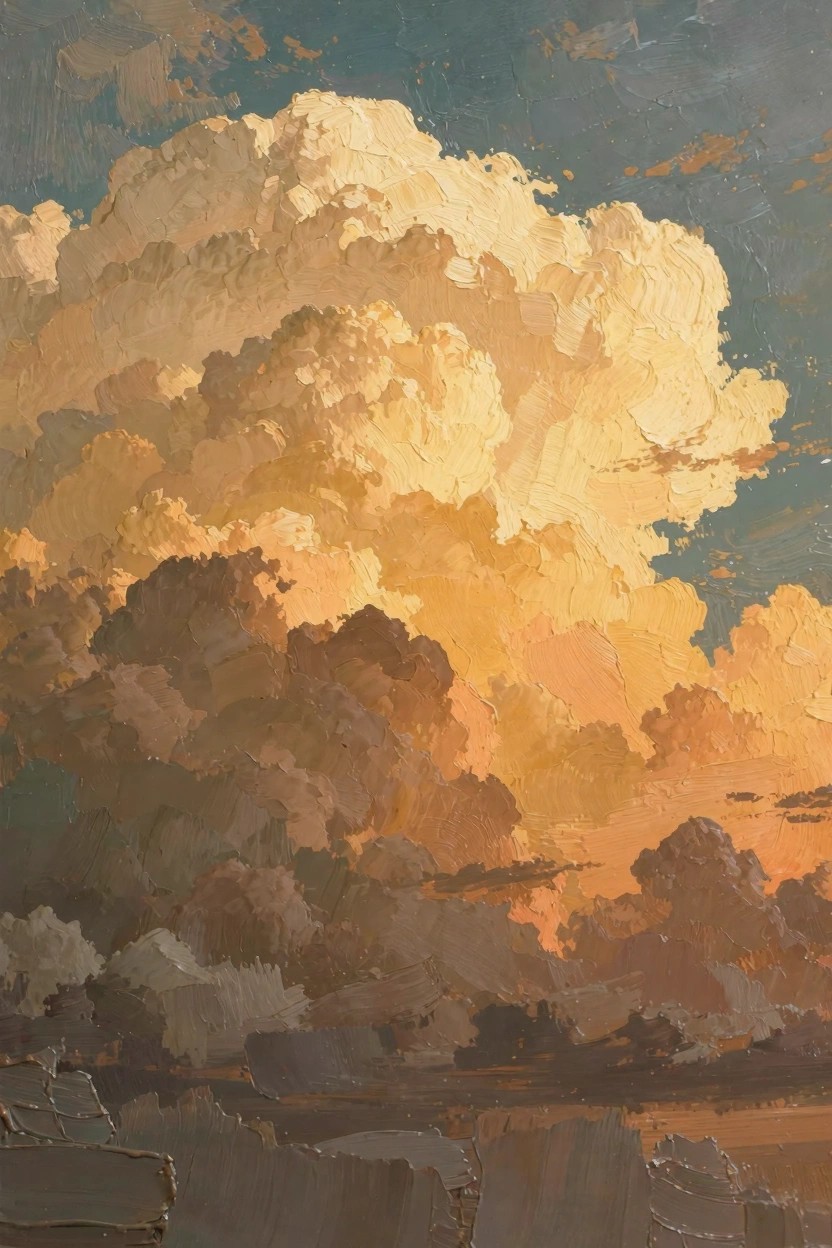 Oil painting of towering golden and orange clouds in a dramatic sunset sky with textured brushwork and dark horizon.
