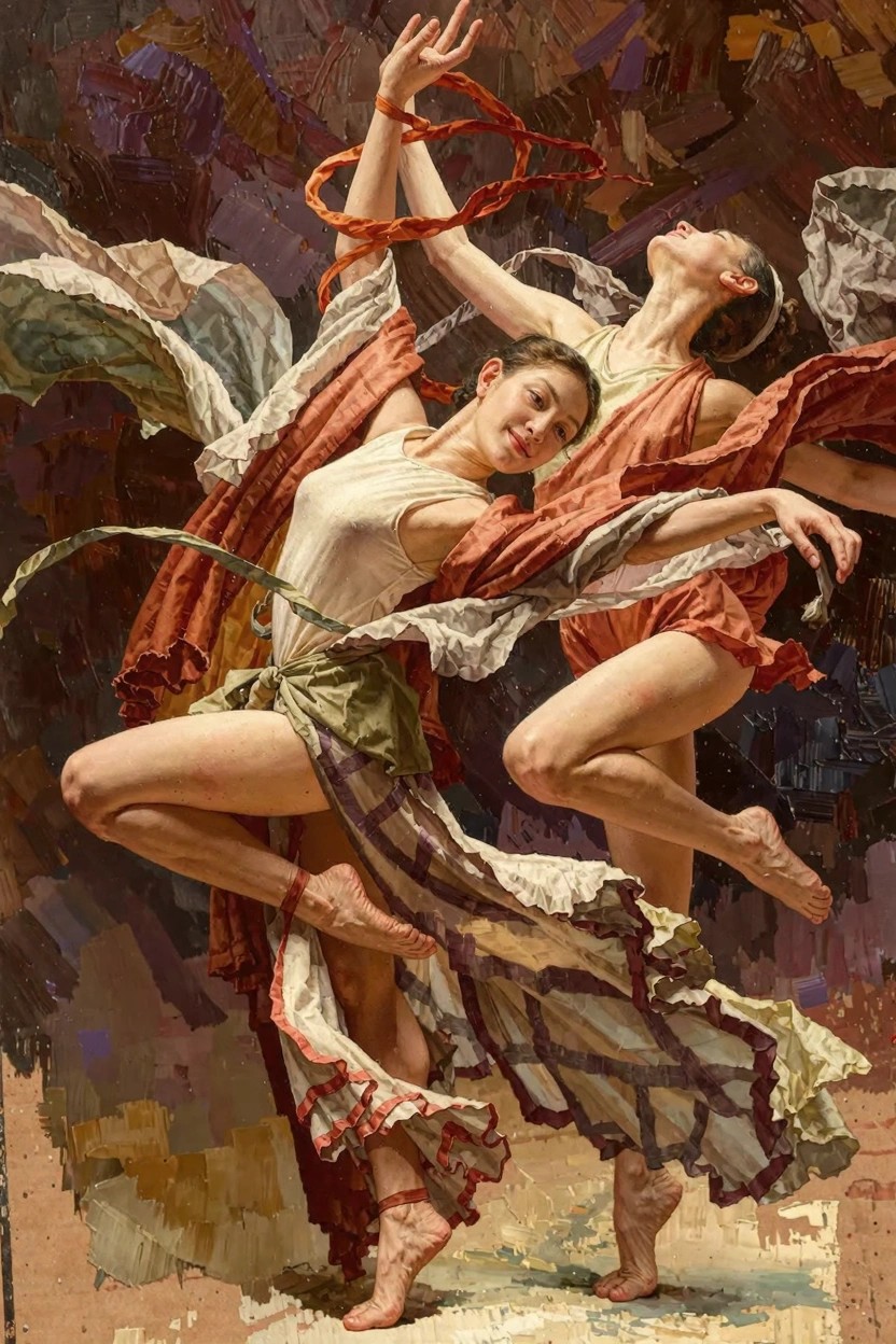 Oil painting depicting two nude-topped women in dynamic dance poses amid swirling orange, green, white, and red fabrics against a textured warm background.