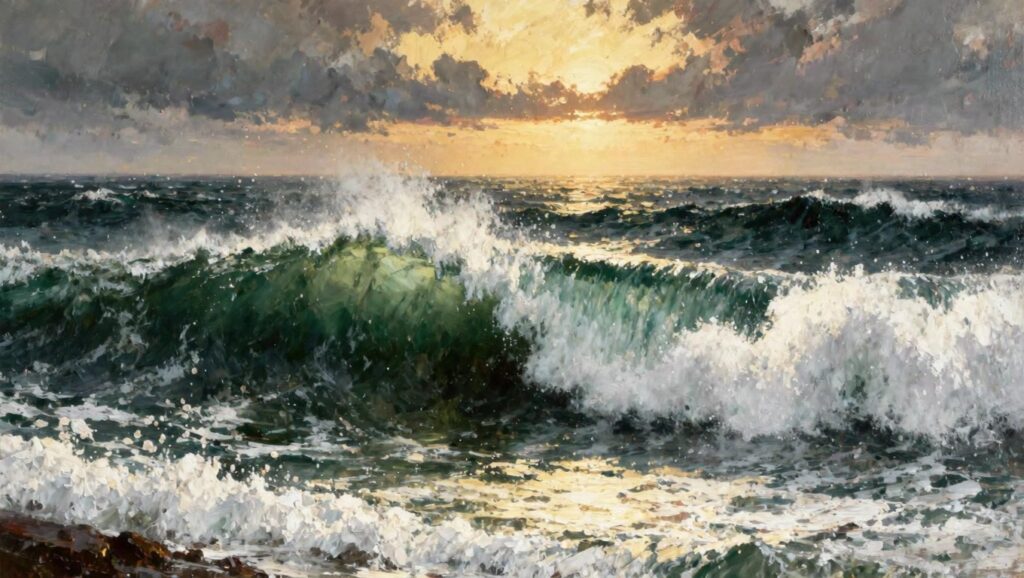 Oil painting of golden sun rays breaking through dark storm clouds onto crashing green ocean waves.