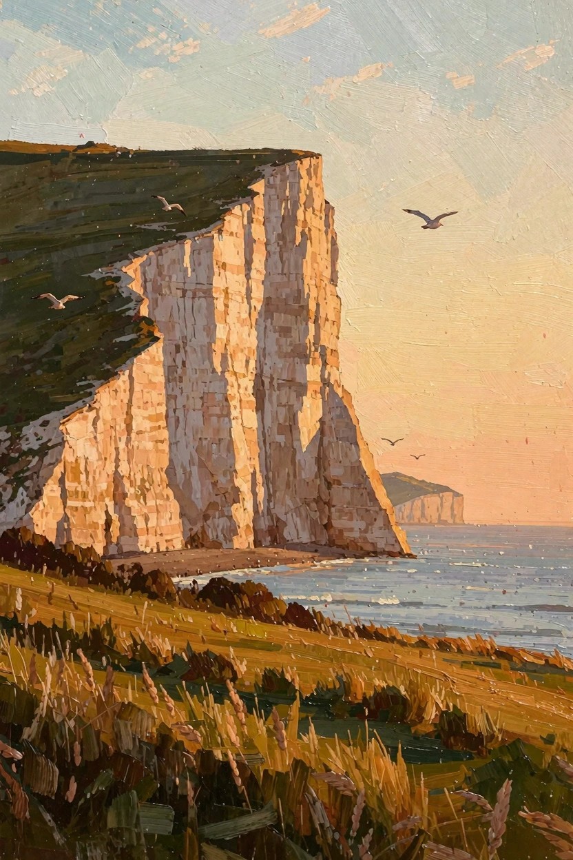 Oil painting of tall white chalk cliffs with green grass on top, seagulls flying, and ocean waves at golden hour.