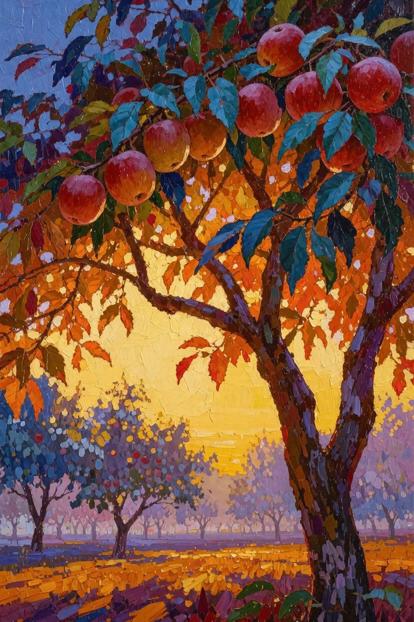 Oil painting of a prominent apple tree laden with red apples and autumn leaves in a sunset-lit orchard with background trees.