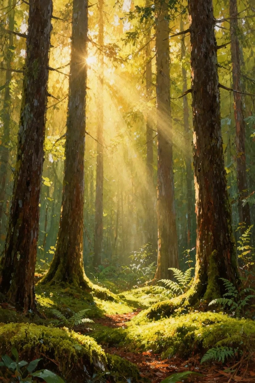 Oil painting of sunlight rays beaming through tall moss-covered trees onto a fern-lined forest path with glowing mossy ground.
