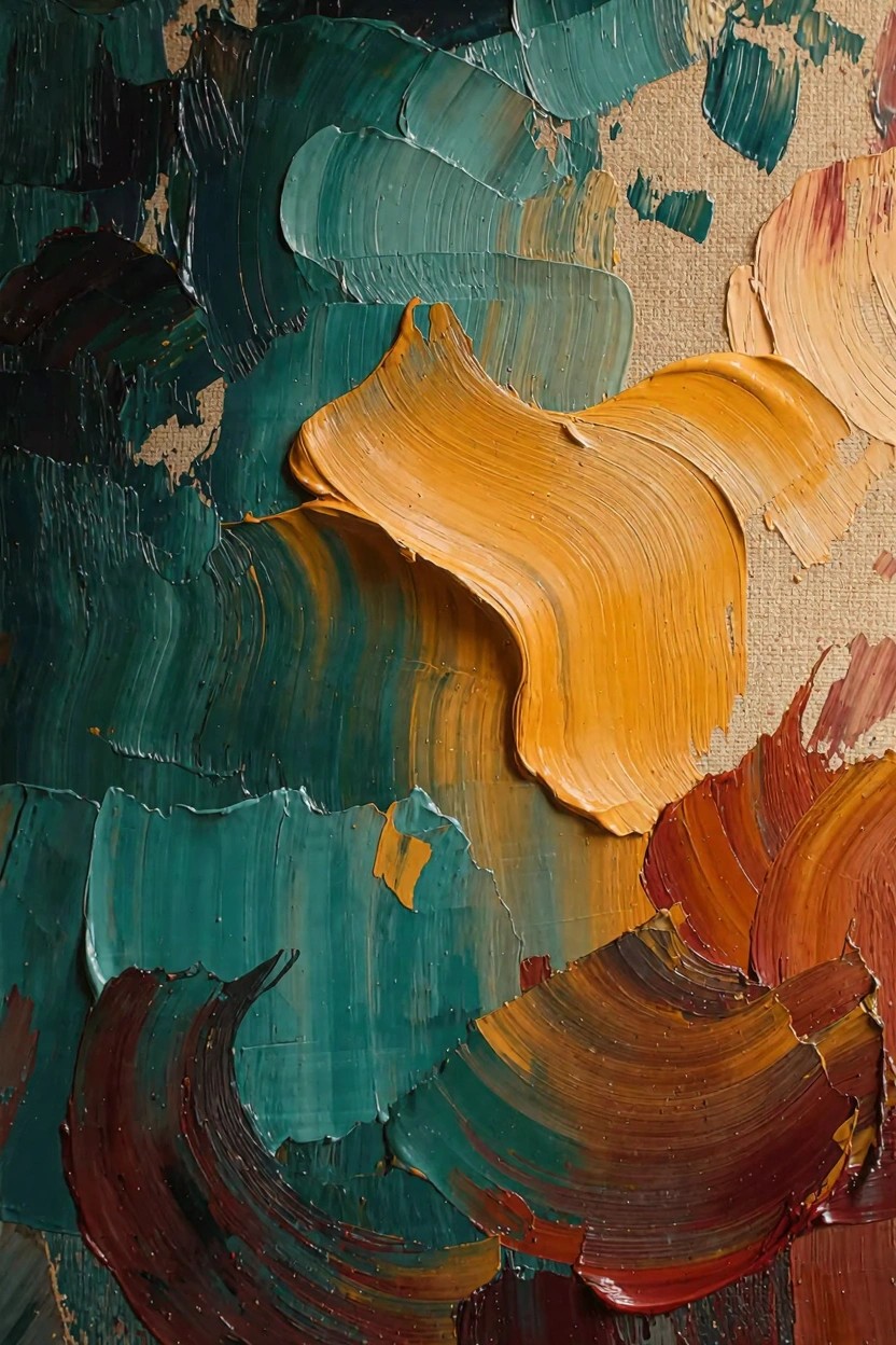 Abstract oil painting with thick, swirling layers of teal, green, yellow, orange, and red impasto on textured canvas.