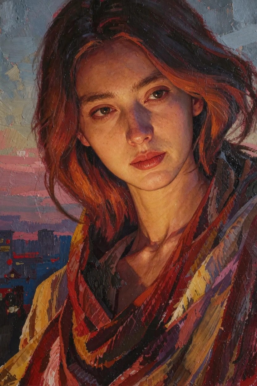 Oil painting portrait of a red-haired woman in a multicolored scarf against a sunset cityscape background.