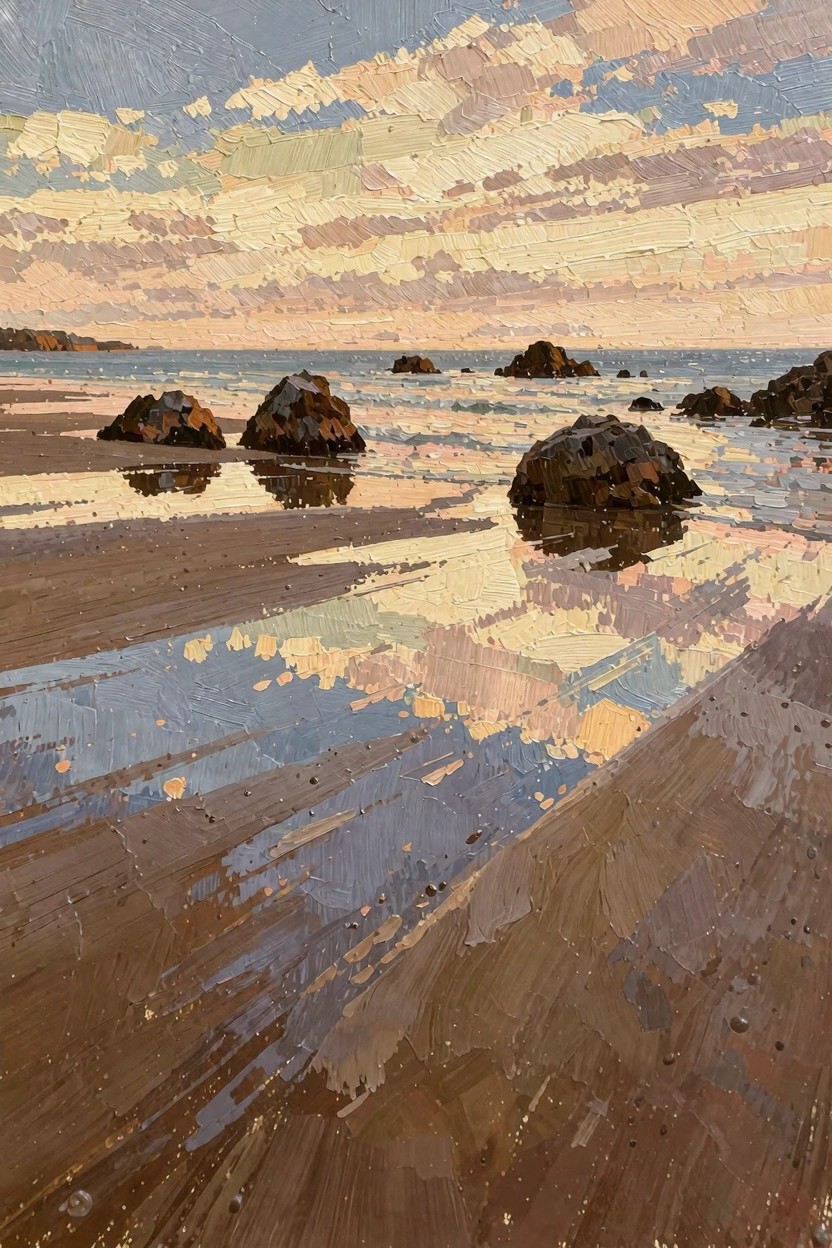 Oil painting of dark rocks on wet sand beach with sky reflections in tidal pools under a colorful cloudy sunset sky.