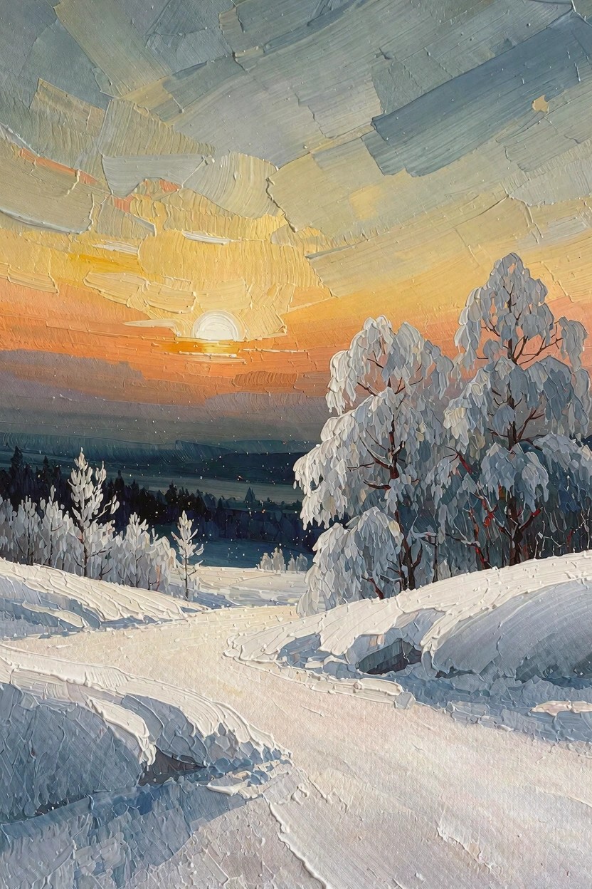 Oil painting of snow-covered birch trees and hills with a winding path under a colorful winter sunset sky.