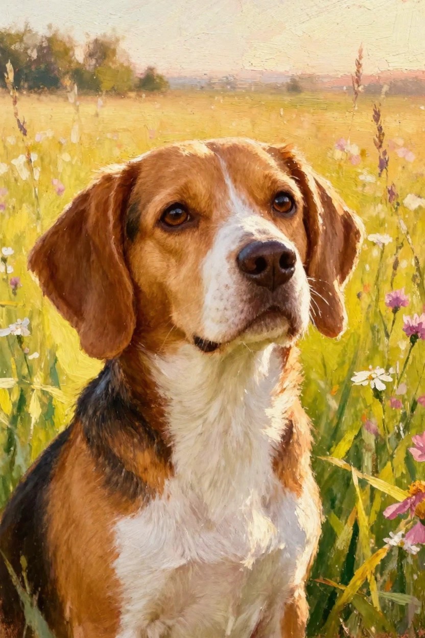 Oil painting of a beagle dog portrait in a field of yellow grasses and pink wildflowers at golden hour.