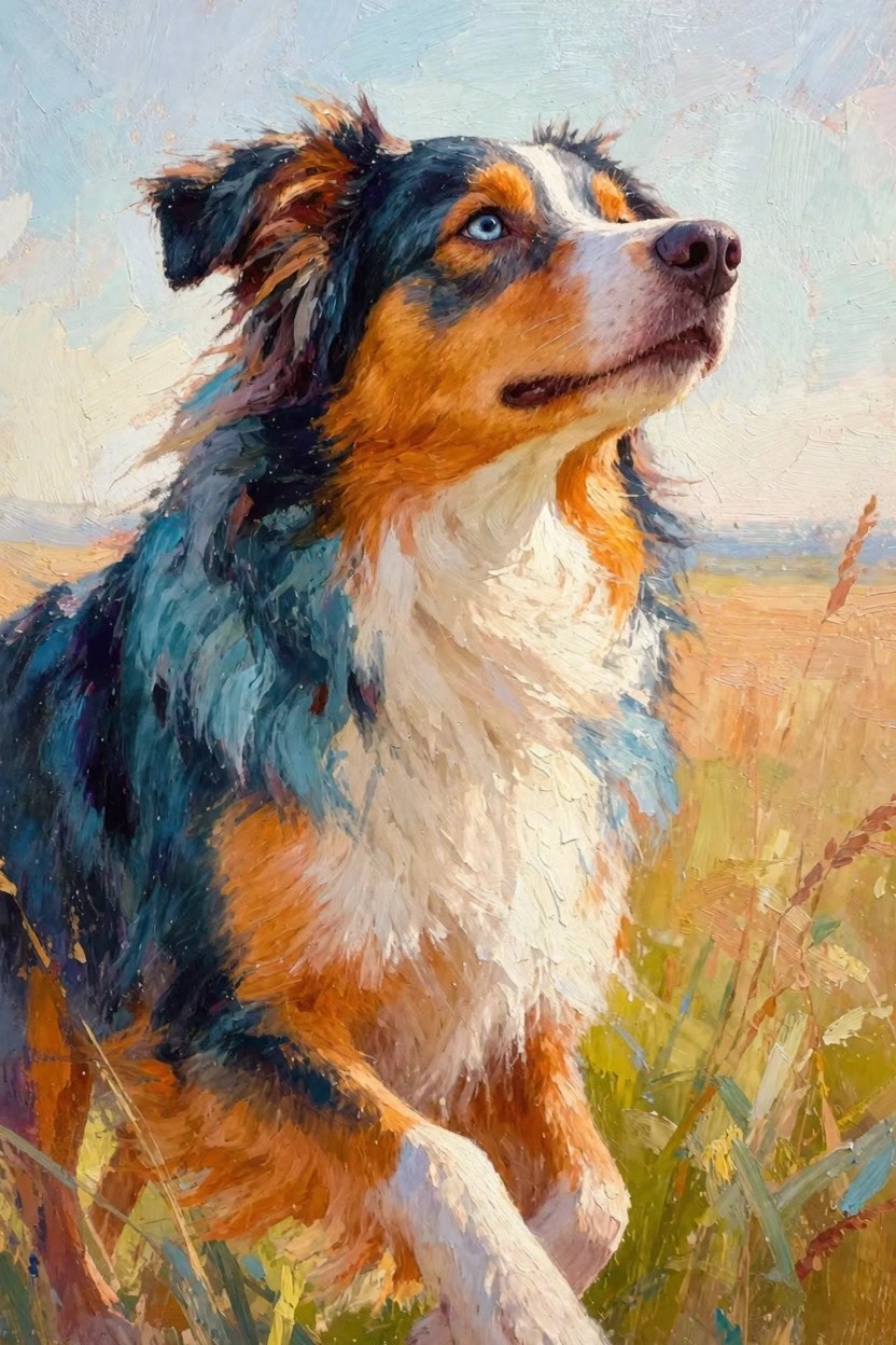 Oil painting portrait of a blue merle Australian Shepherd dog looking upward in golden reeds under a blue sky.