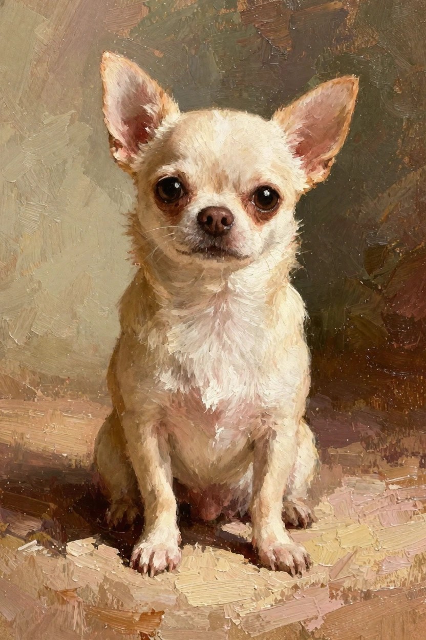 Oil painting of a light cream Chihuahua sitting with perky ears, big eyes, and textured fur against a warm blended background.