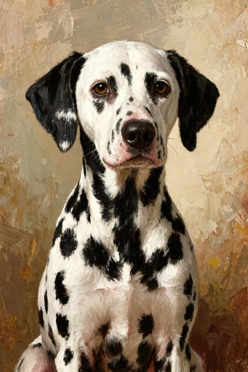 Oil painting of a sitting Dalmatian dog with black-spotted white fur, brown eyes, black ears, and pink nose against a textured beige background.