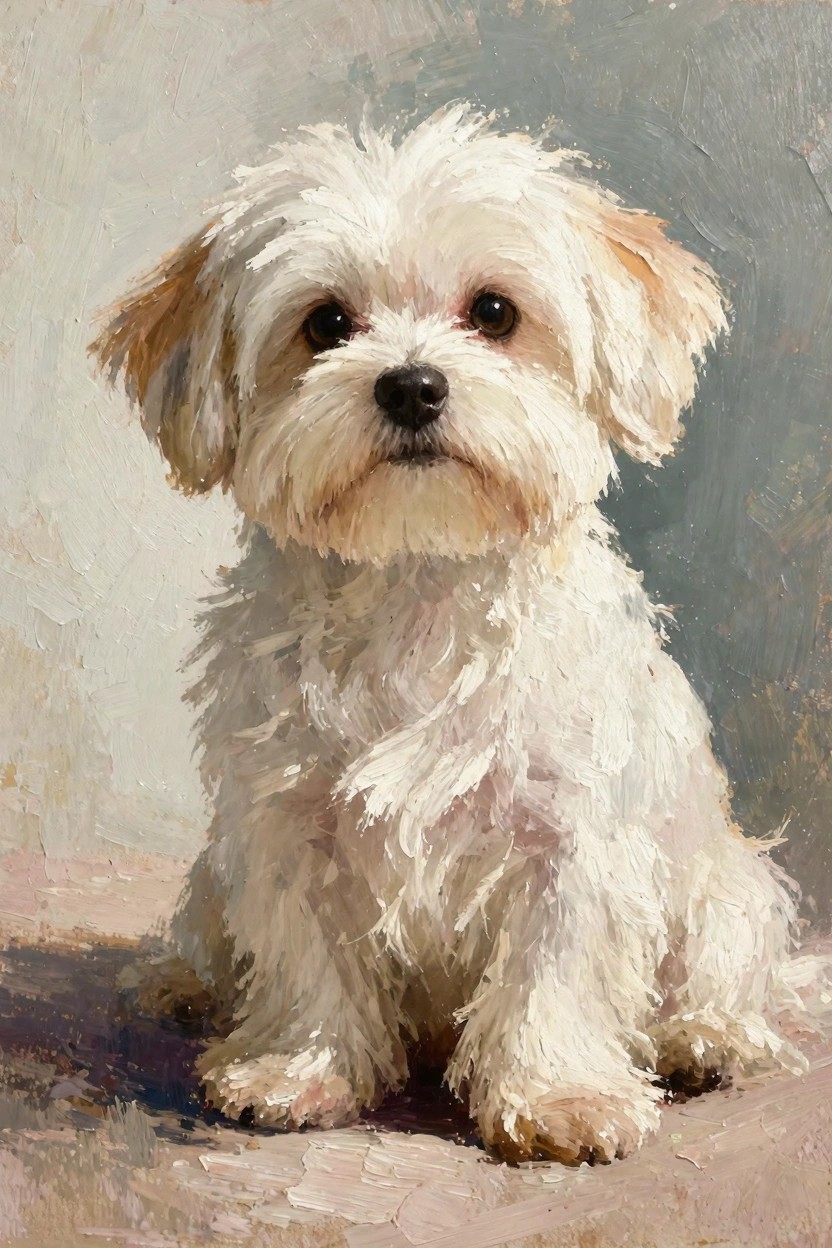 Realistic oil painting of a fluffy white Bichon Frise puppy sitting with tan ear tips and paws against a soft neutral background.