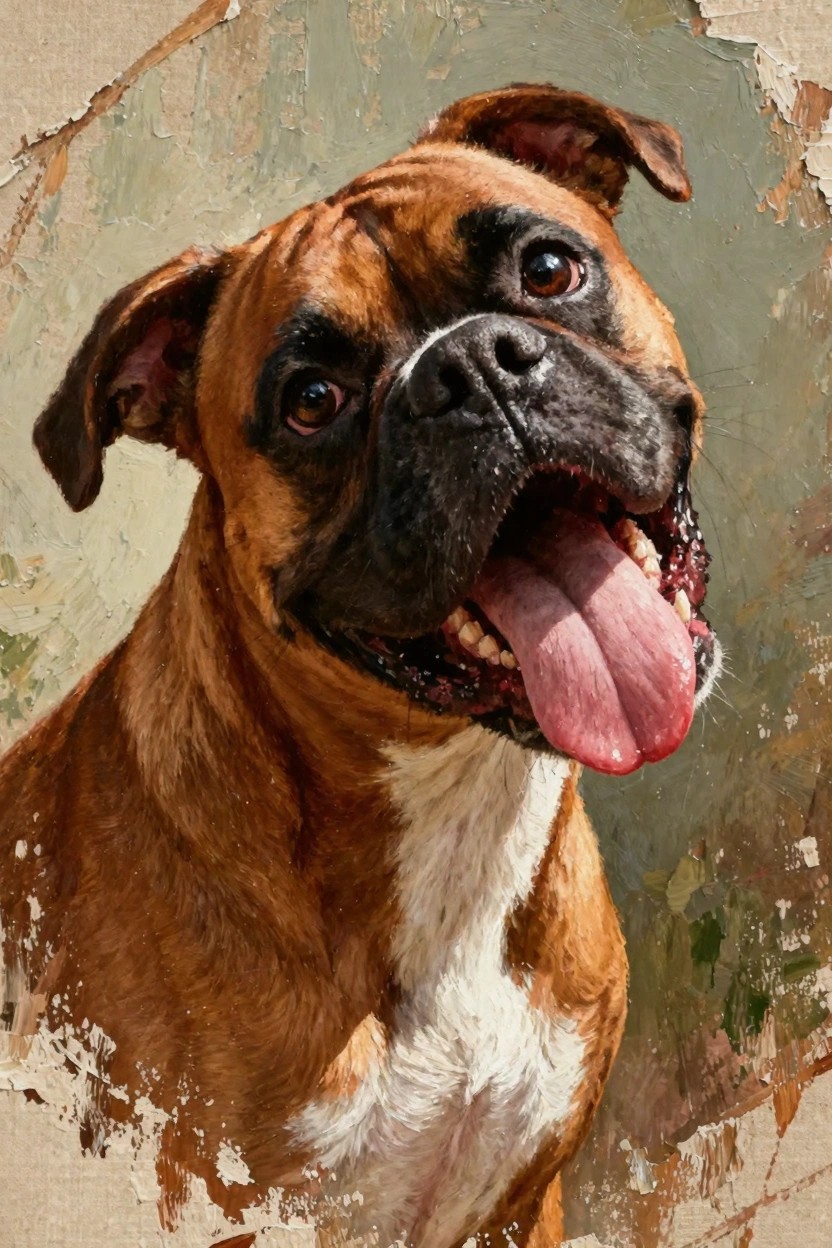 Oil painting of a fawn Boxer dog portrait with black muzzle, pink tongue out, brown eyes looking forward, textured greenish background.