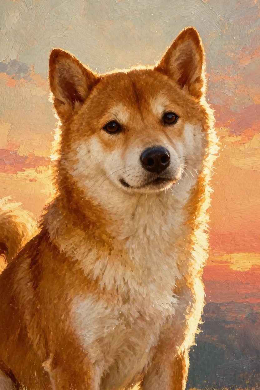 Oil painting portrait of a Shiba Inu dog with fluffy tan fur, perked ears, and black nose against a blended sunset background.