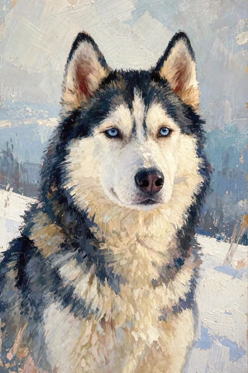 Oil painting of a Siberian Husky dog's face with piercing blue eyes, black-and-white fluffy fur, and blurred snowy background.