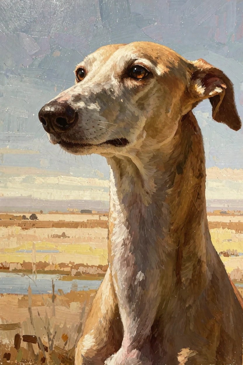 Realistic oil painting of a fawn-colored greyhound dog in profile facing right, set against blurred golden fields, a river, and hazy hills under a light blue sky.