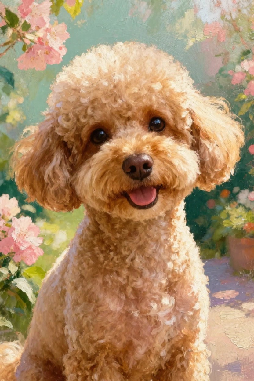 Oil painting style portrait of a fluffy apricot toy poodle smiling in a garden with pink cherry blossoms and green foliage.