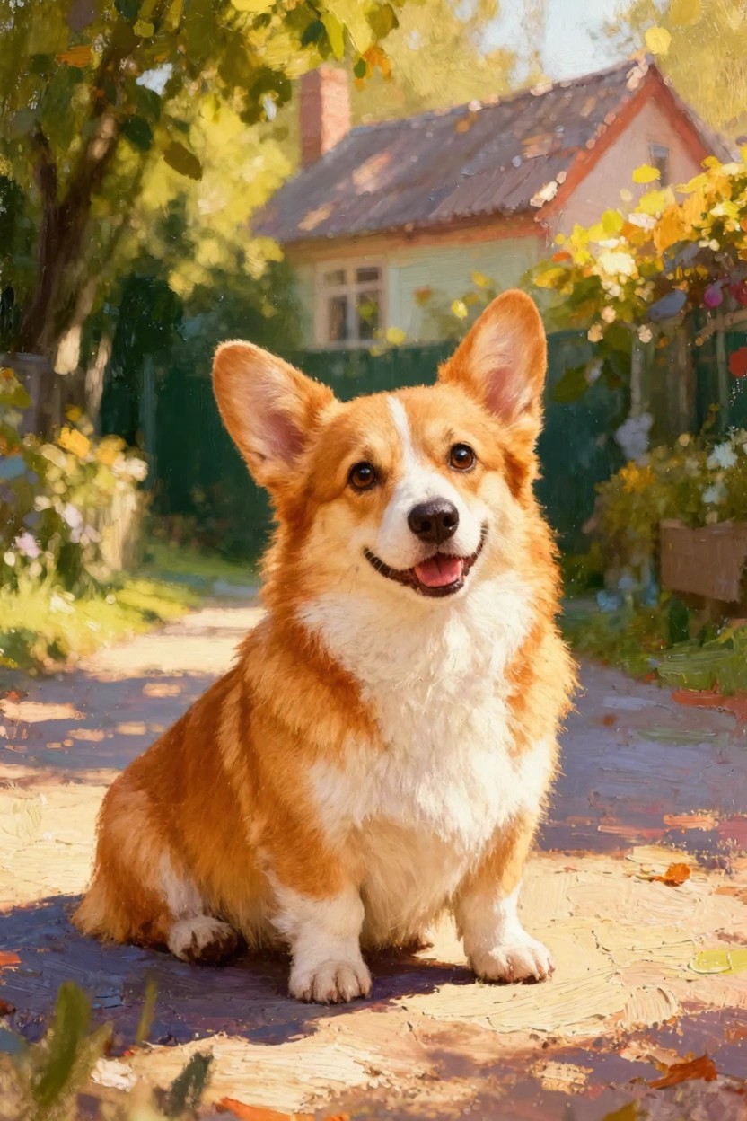 Oil painting of a sitting corgi dog smiling on a stone path in a garden with autumn foliage, flowers, and a house in the background.