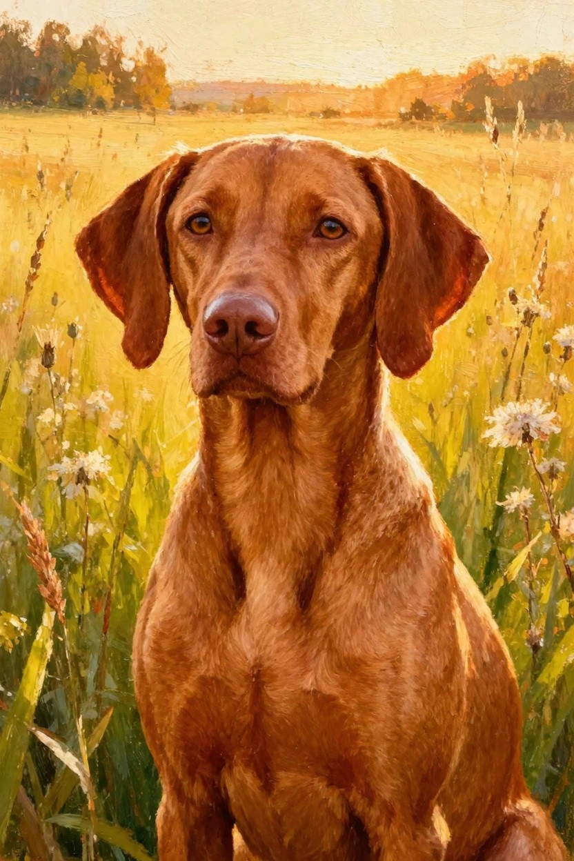 Realistic oil painting of a reddish Vizsla dog sitting alert in a golden field of tall grasses and white wildflowers at sunset with distant autumn trees.