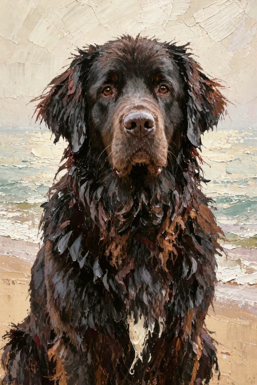 Oil painting of a wet black Newfoundland dog sitting on a sandy beach facing forward with ocean waves behind.