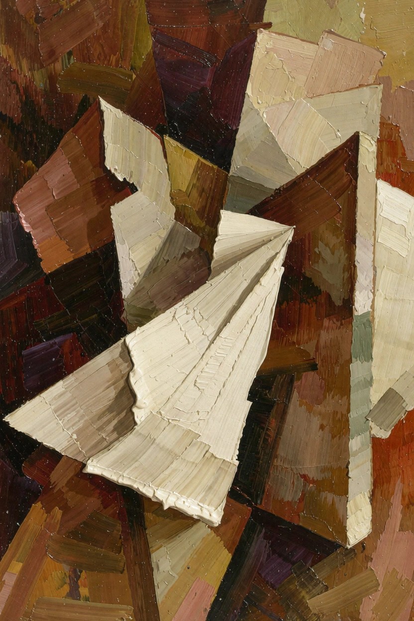 Abstract oil painting with angular geometric forms in cream, brown, green, and purple tones centered on a white folded shape.