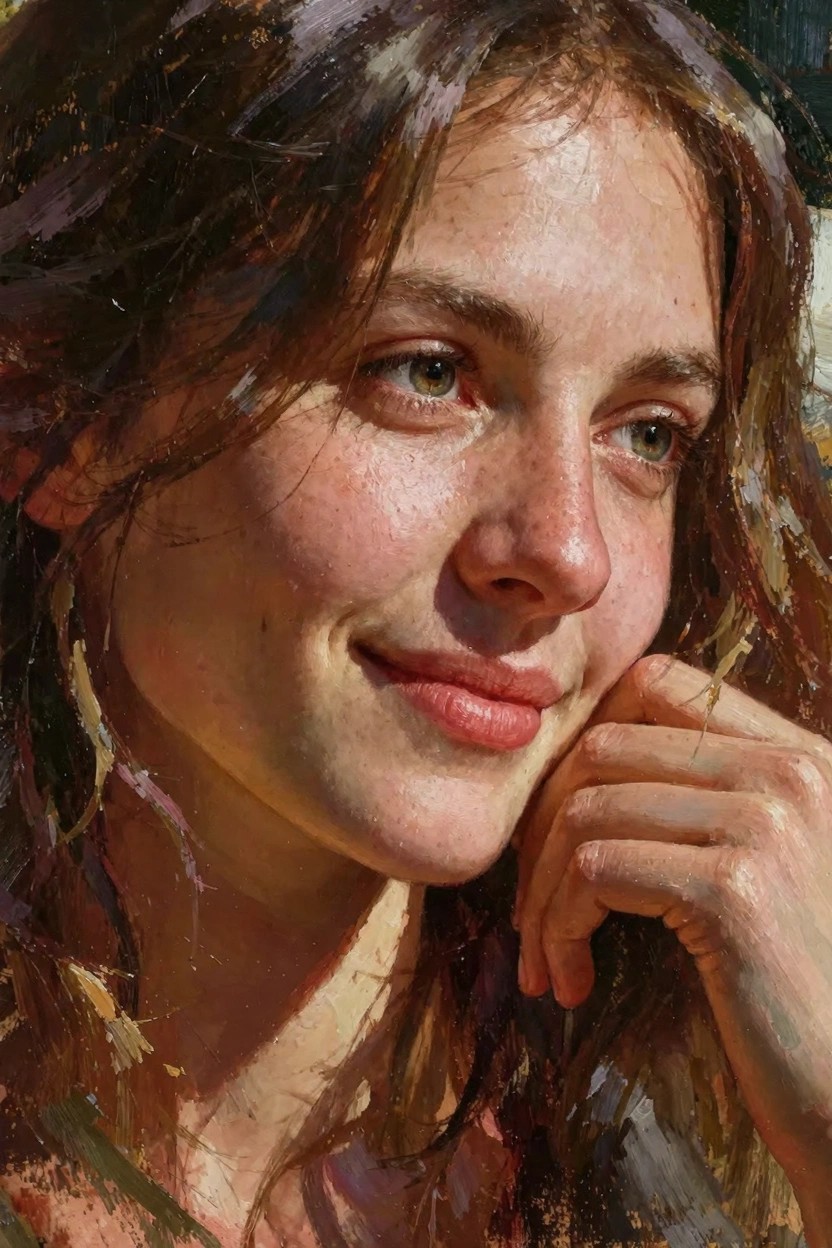 Oil painting of a close-up three-quarter view of a young freckled woman with green eyes, brown wavy hair, slight smile, and hand resting on chin in soft light.