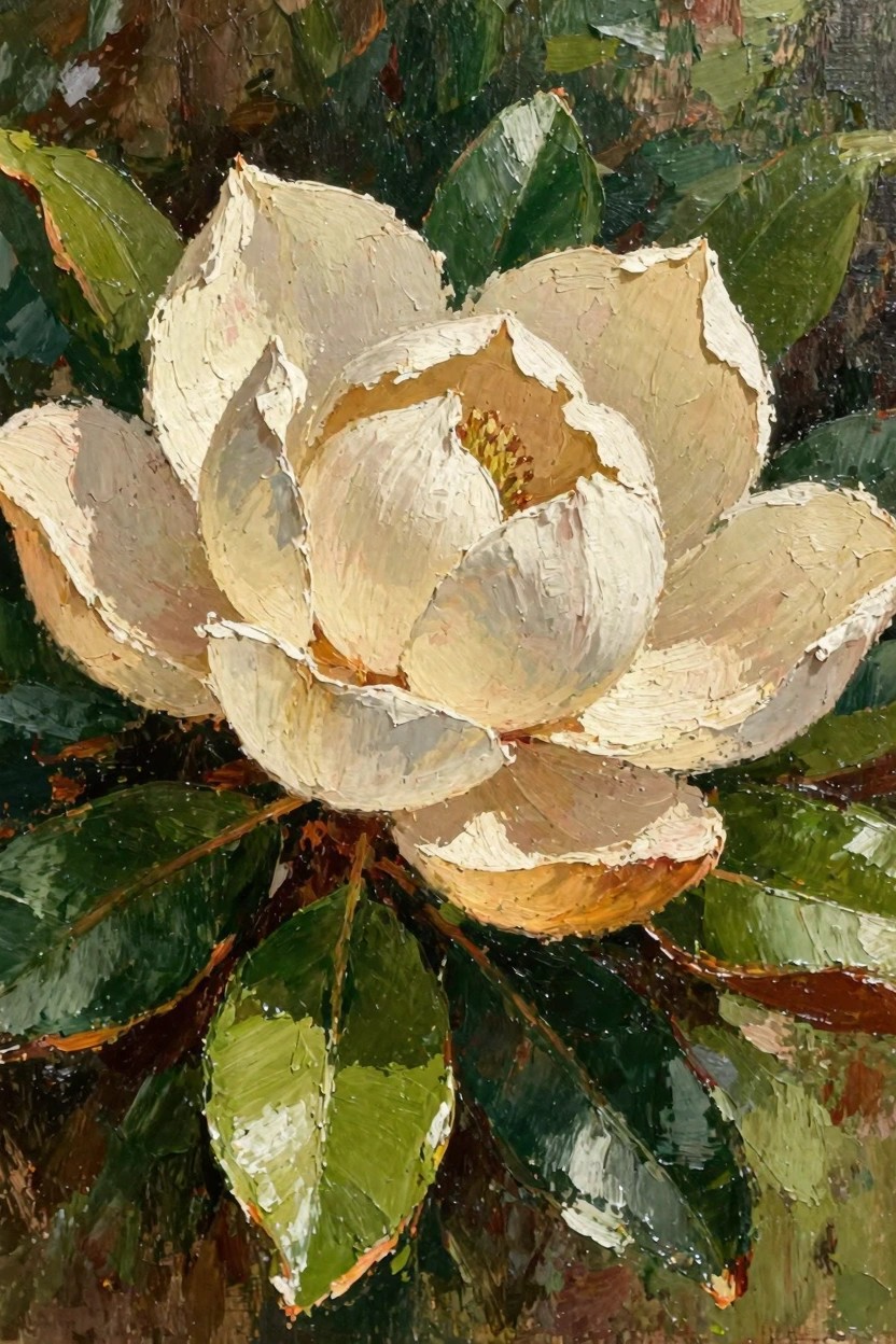 Oil painting of a large white magnolia flower with ruffled petals, yellow center, and surrounding green leaves on a dark textured background.