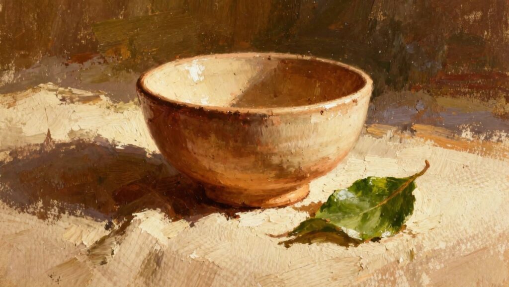 Oil painting of a textured white bowl on a warm yellow surface next to a green leaf, set against a dark reddish background.