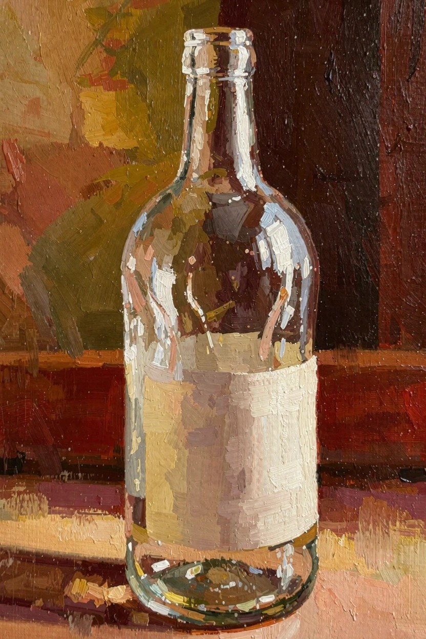 Oil painting of an empty clear glass bottle with a white label, set against a wooden shelf in warm earthy tones.
