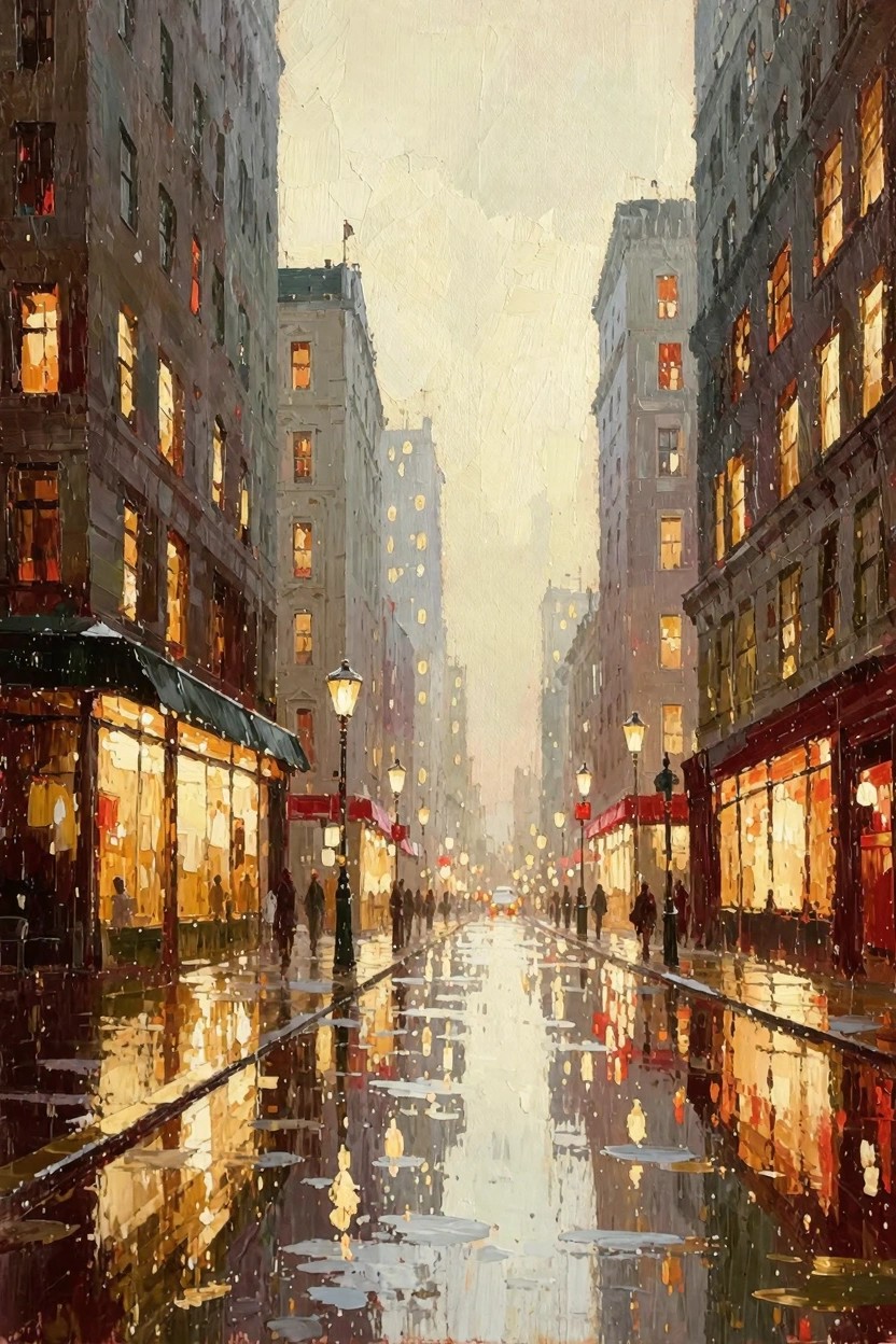 Oil painting of a rainy nighttime city street with tall buildings, glowing windows, street lamps, and reflections on wet pavement.
