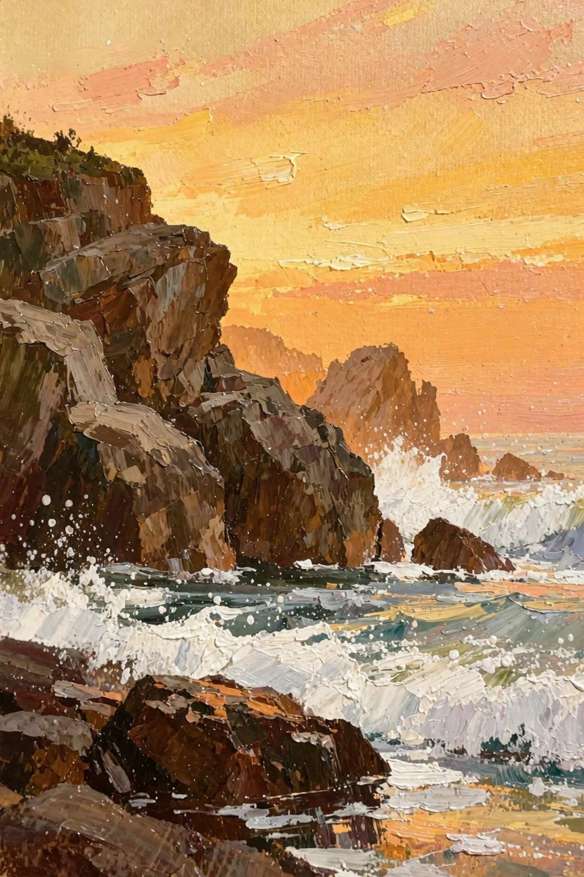 Oil painting of rugged brown cliffs with crashing white waves against an orange sunset sky.