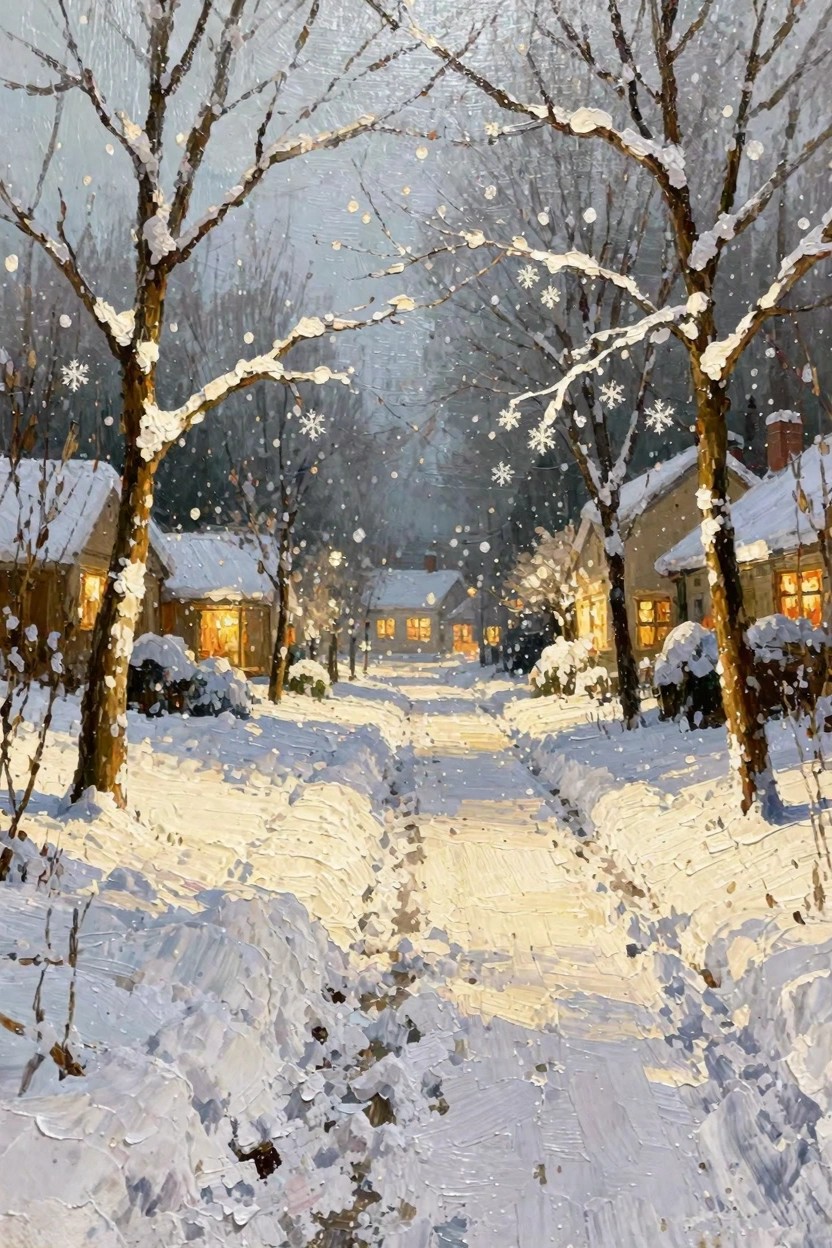 Oil painting of a snowy path flanked by frosted trees and warmly lit cottages under falling snow at dusk.