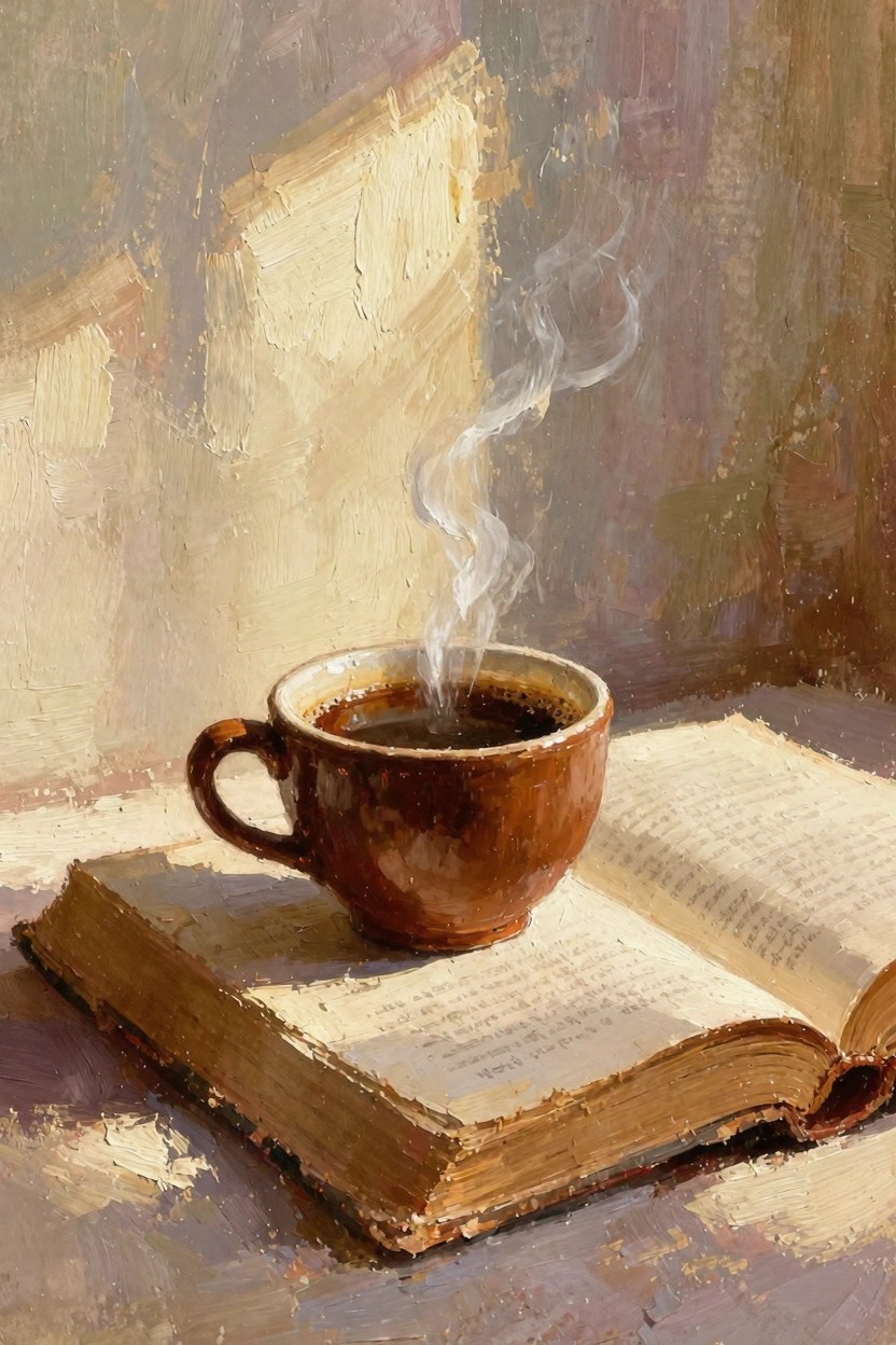 Oil painting of a terracotta mug filled with steaming black coffee placed on an open antique book in warm sunlight.