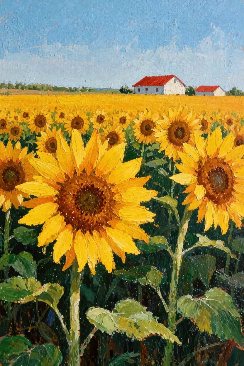 Oil painting of a sunflower field featuring large foreground blooms, golden expanse, distant white farm buildings with red roofs, green leaves, and blue sky.
