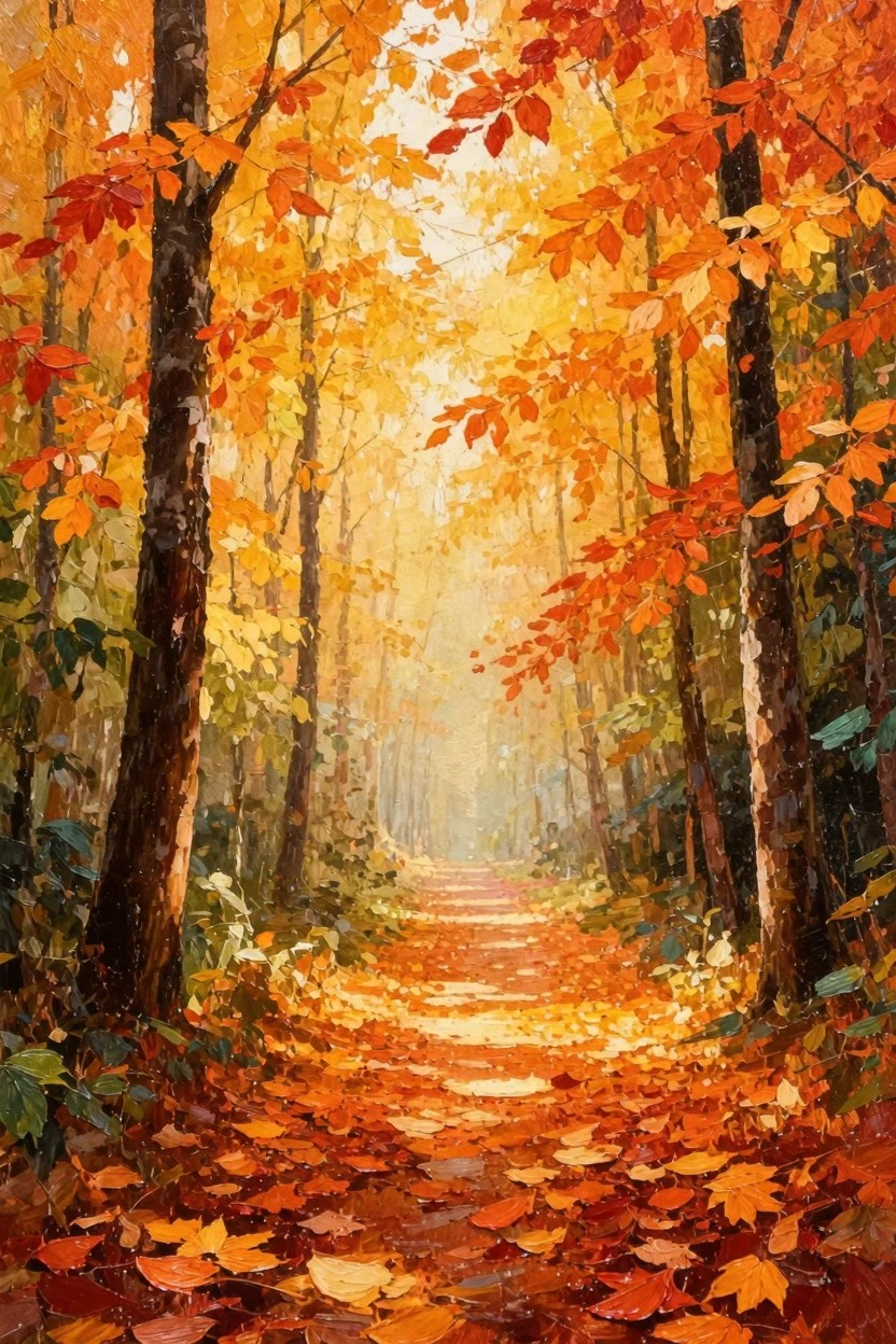 Oil painting of a winding dirt path covered in orange fall leaves through a forest of trees with vibrant red, yellow, and orange foliage under golden sunlight.