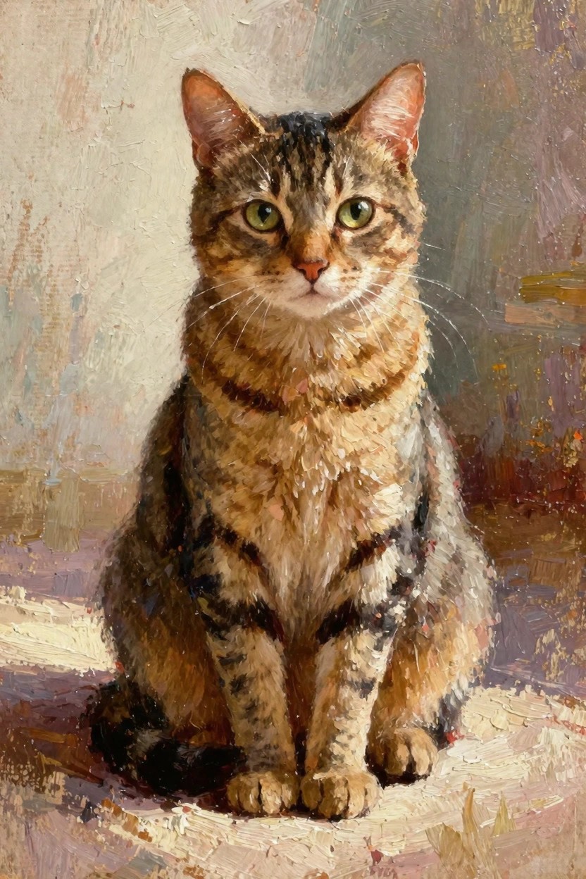 Oil painting of a front-facing tabby cat sitting with green eyes and detailed striped fur against a pale background.
