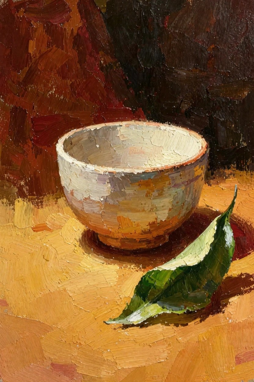 Oil painting of a textured white bowl on a warm yellow surface next to a green leaf, set against a dark reddish background.