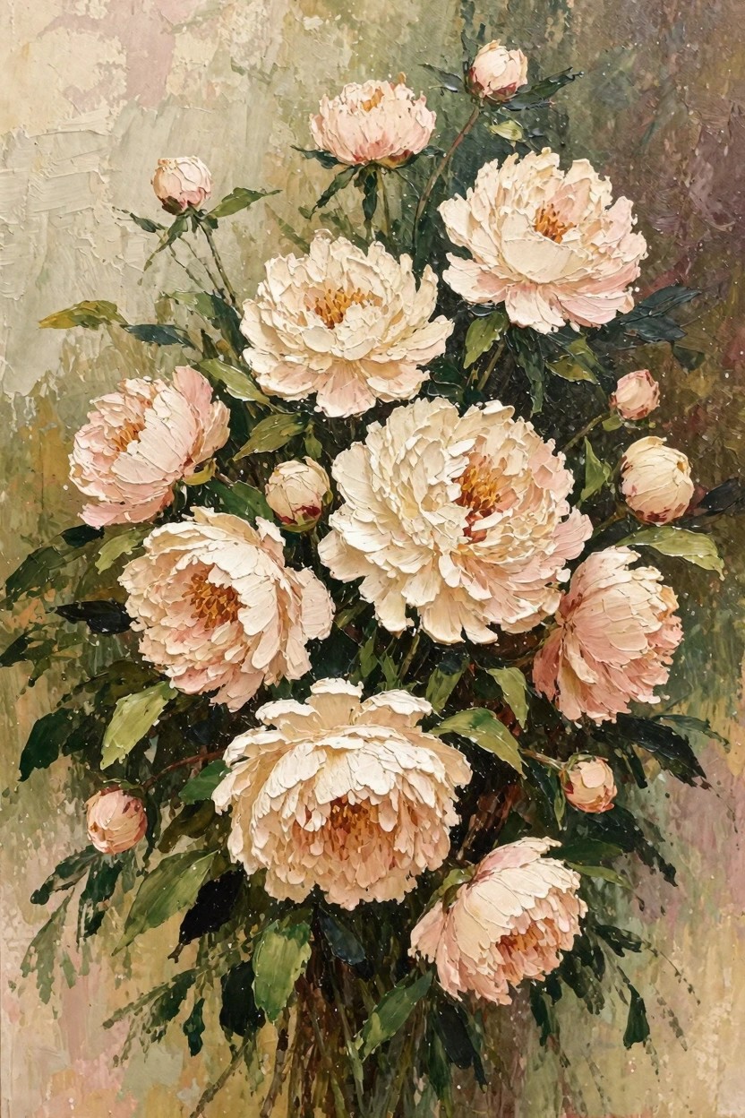 Oil painting of a bouquet of white and pale pink peonies surrounded by green leaves on a textured greenish background.