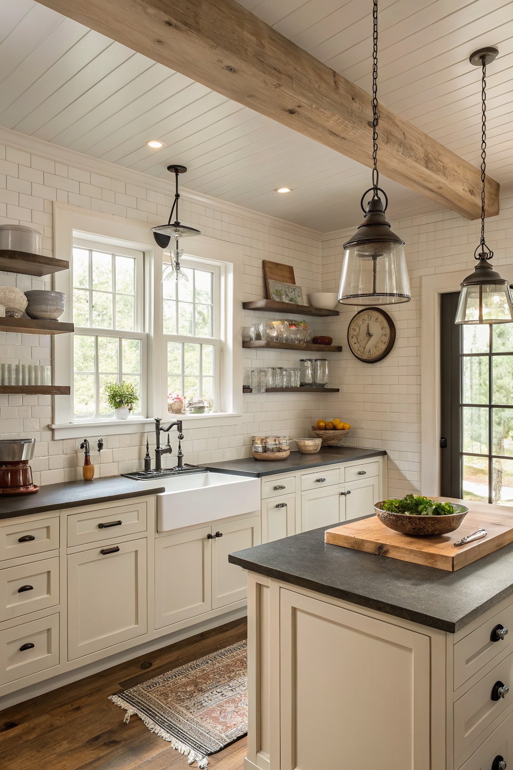 Bright kitchen featuring creamy off-white shaker cabinets, white subway tile backsplash, black soapstone counters, exposed wood beams, and large windows